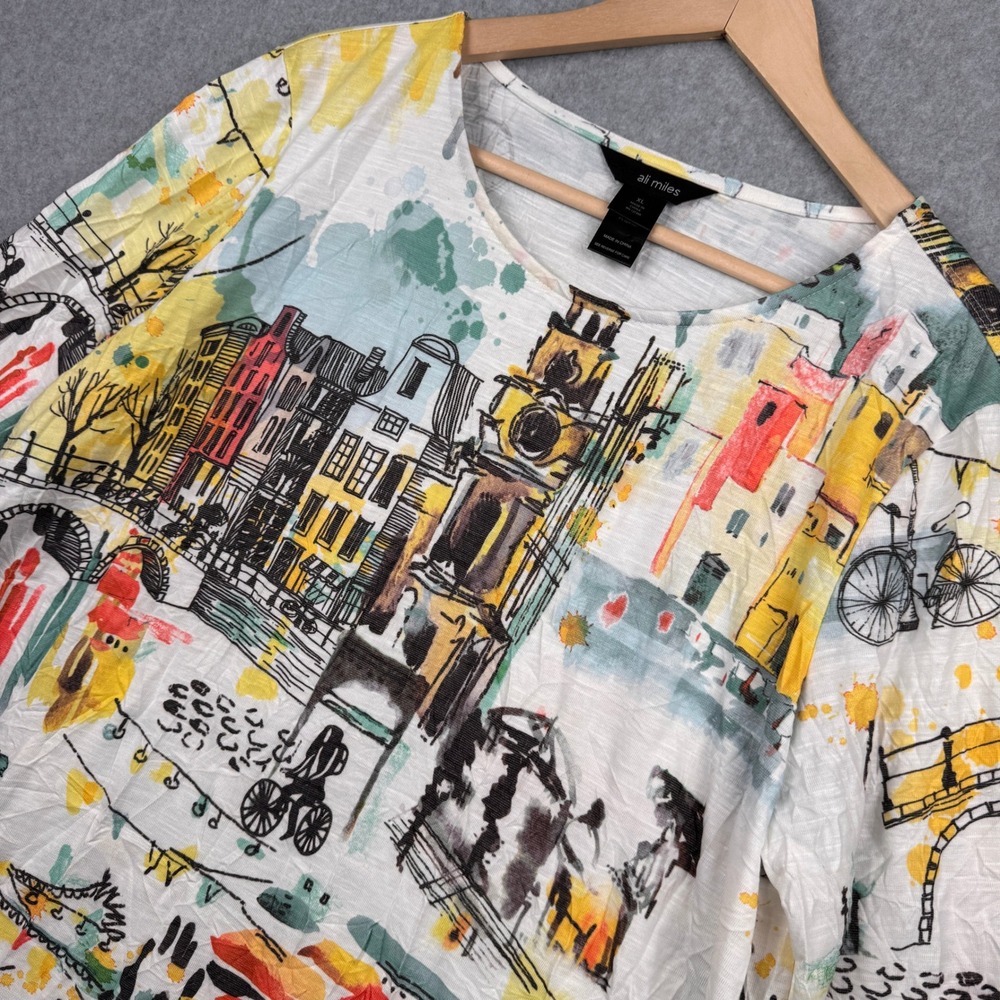 Ali Miles Top Womens XL Multi Color Cityscape Artsy Slub Knit Art to Wear Tunic - Picture 5 of 8